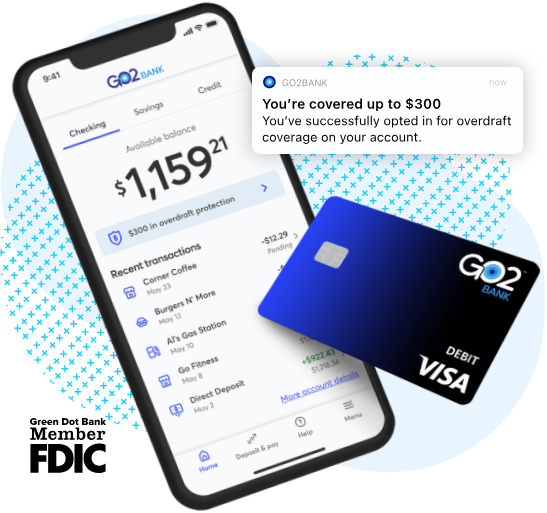 Go2Bank mobile app showing a checking balance and a Go2Bank debit card